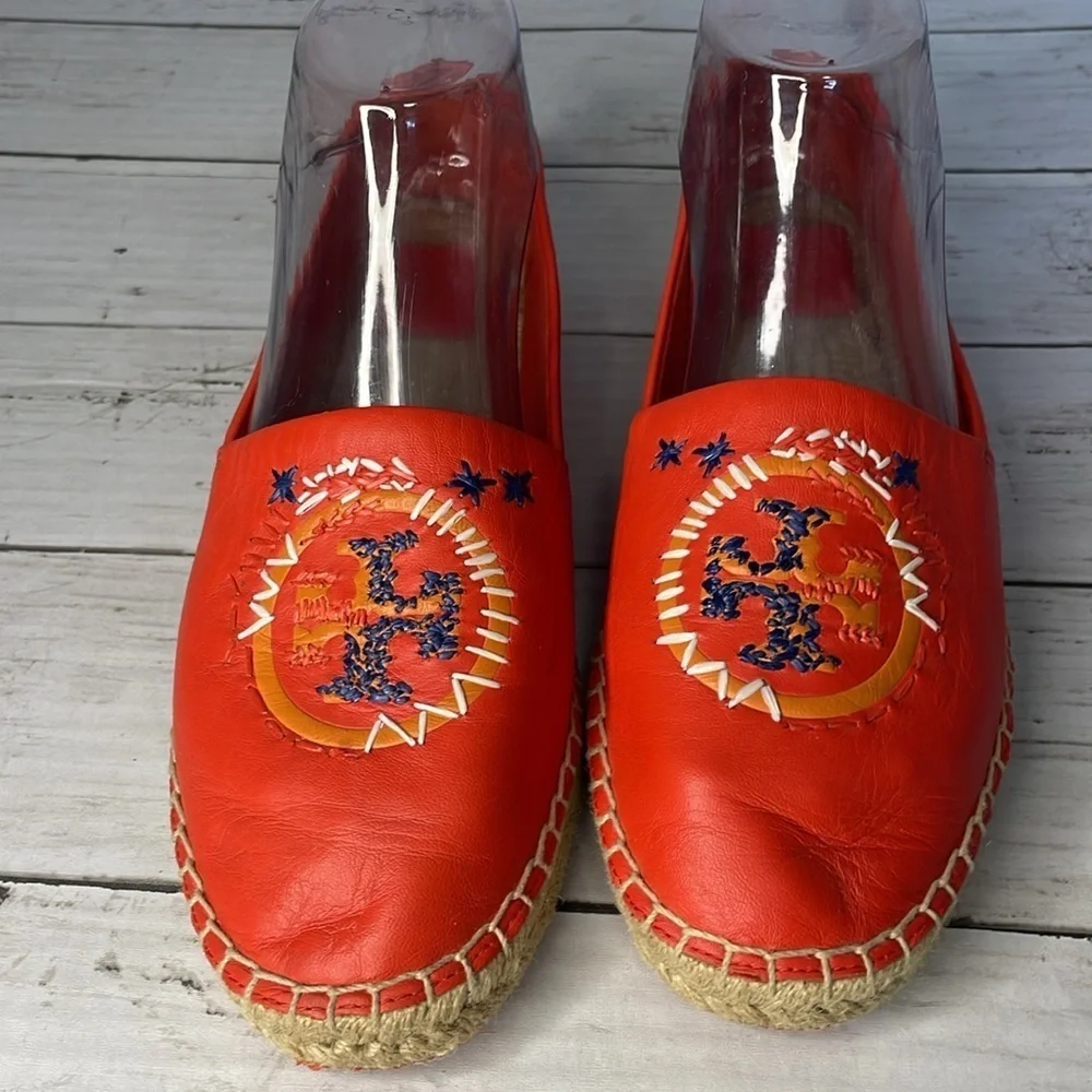 Tory Burch Coral Leather Embroidered Daley Espadrille Flats